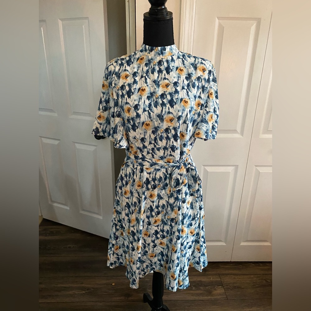 Pastel floral, high neck silk dress